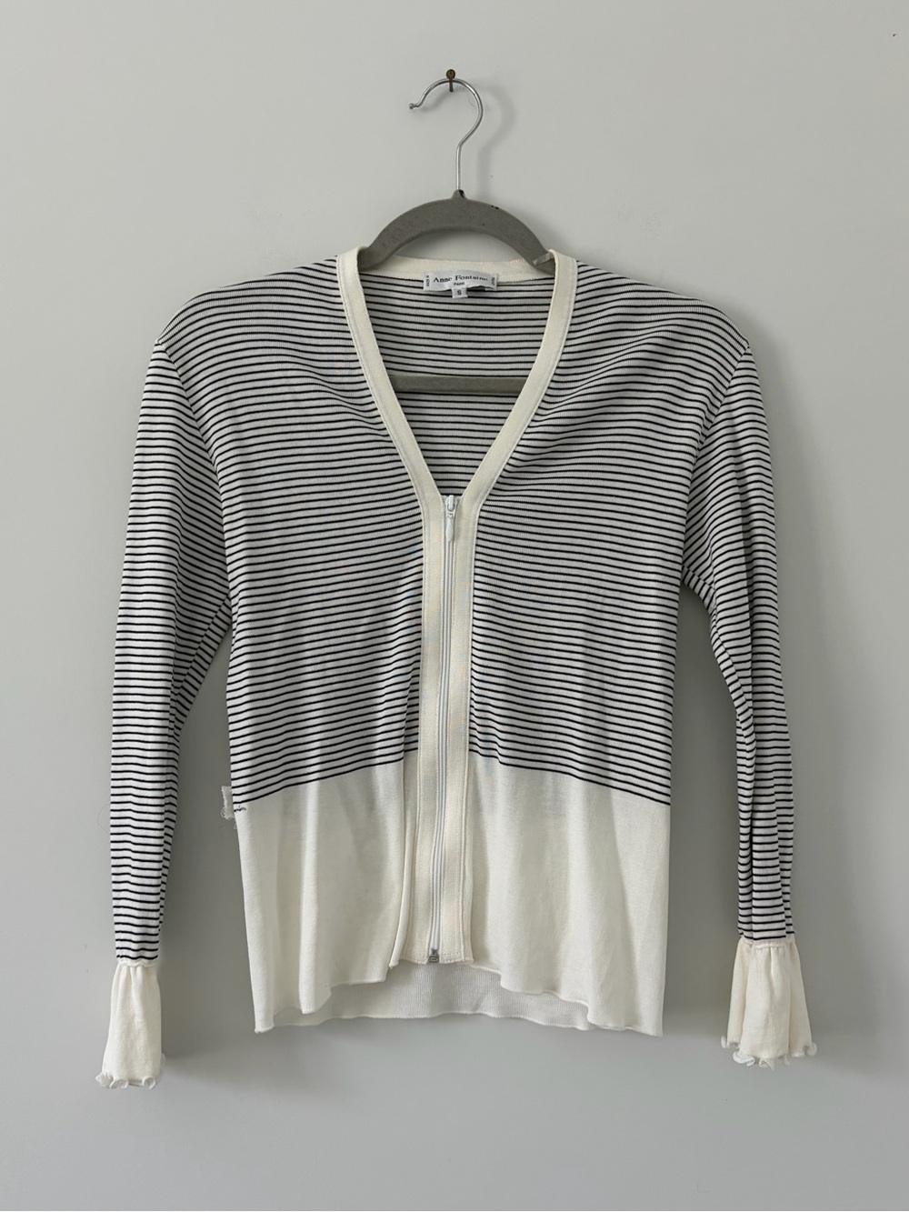 Anne Fontaine Paris Vintage Lizzie White Black Stripe V Neck Zip Up Cardigan S